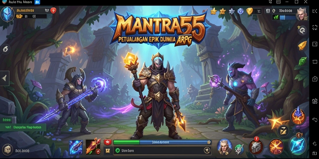 Screenshot gameplay MANTRA55 dengan pertarungan epik dan karakter menarik.