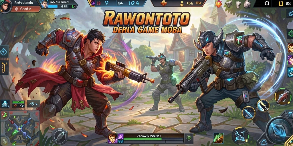 Tangkapan layar utama RAWONTOTO menampilkan pertarungan epik antar karakter MOBA.