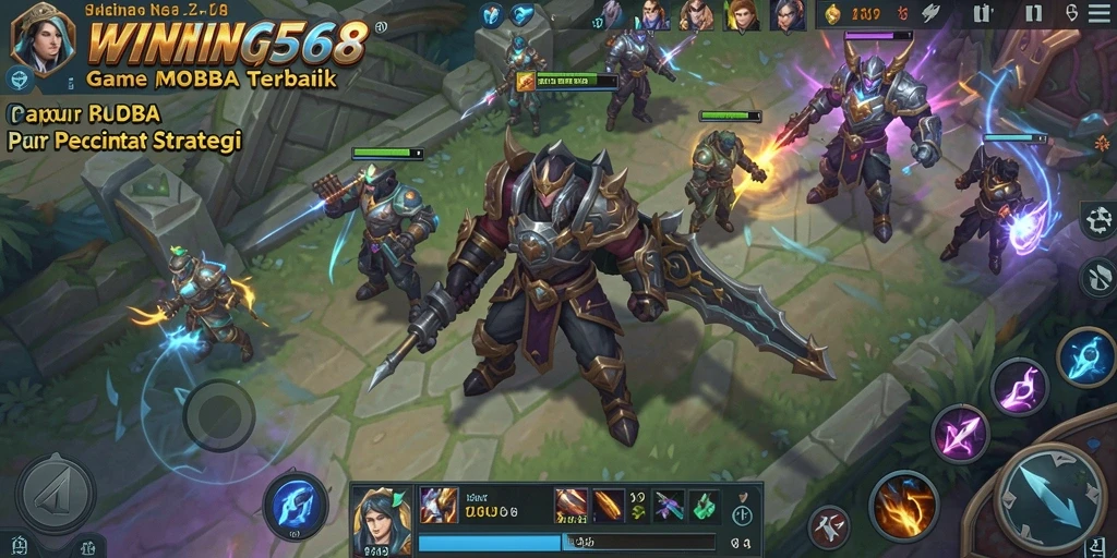 Screenshot gameplay WINNING568 dengan pertarungan seru antar karakter MOBA.